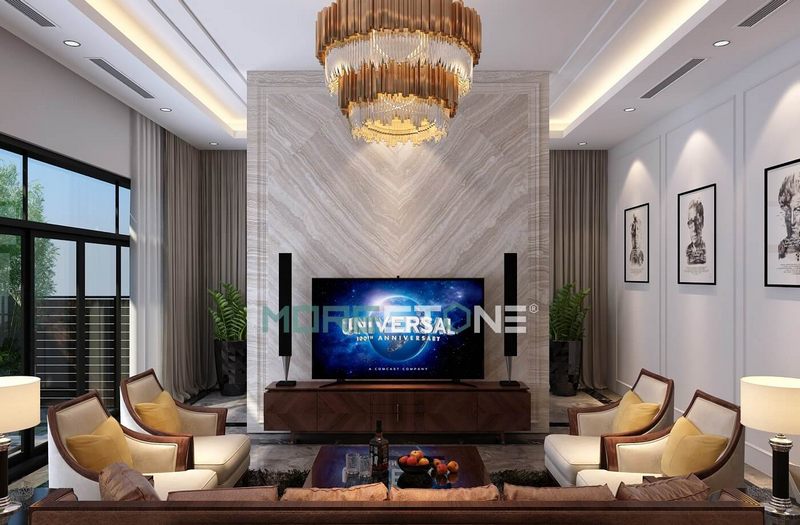 Vách tivi bằng đá đối vân cao cấp sẽ tạo nên sự nổi bật và ấn tượng trong không gian phòng khách.